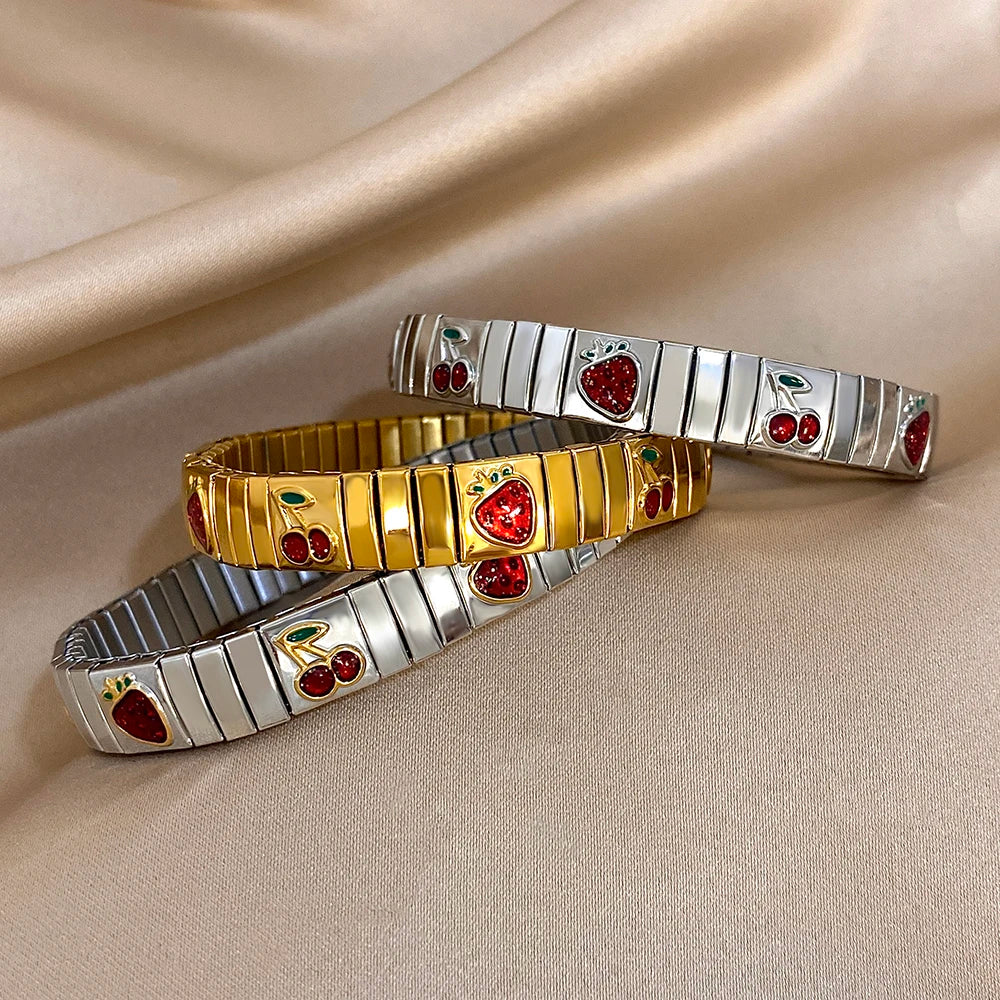 316L Stainless Steel Gold Color Strawberry Cherry Elastic Bangle Bracelet For Women Men Statement New Trend Wrist Jewelry Gift
