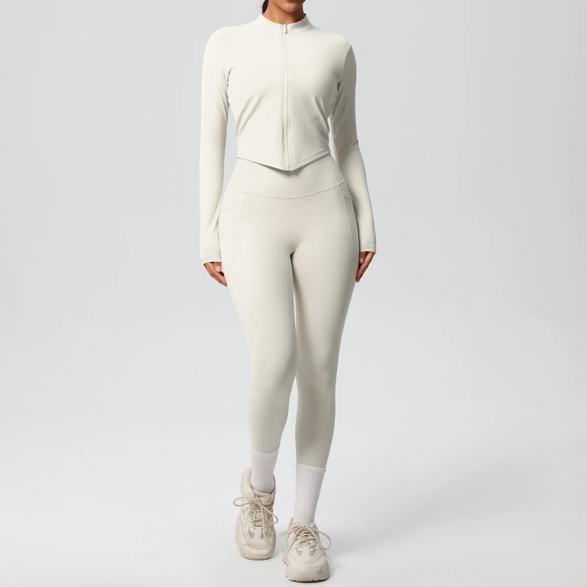 2PCS Yoga Suit Women Gym Set Leggings With Pocketed Women Tracksuit Running Zipper Workout Sportswear Long Sleeve Sports Shirt