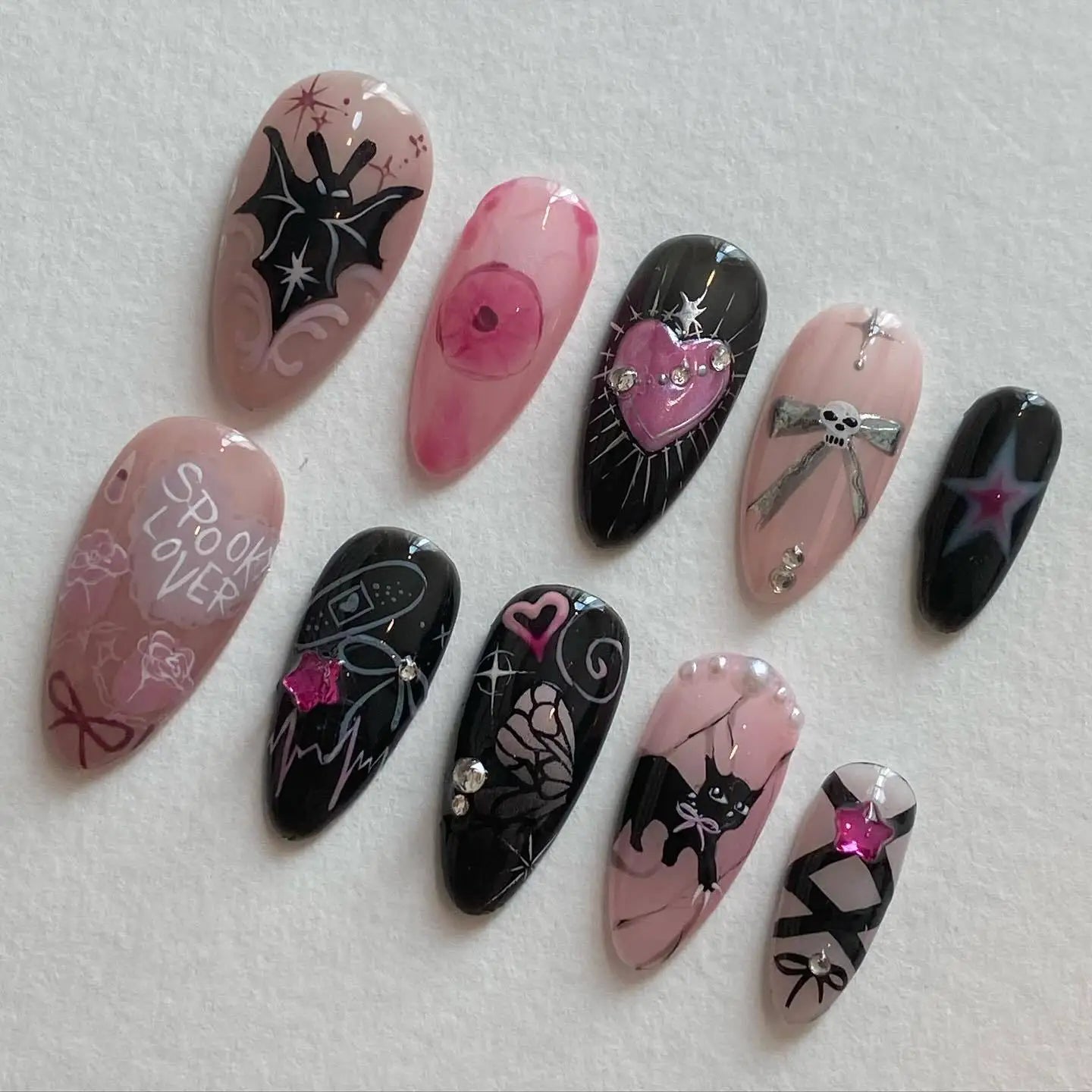 Sweet Pink Almond Press-On Nails with Bow & Heart – 24PCS