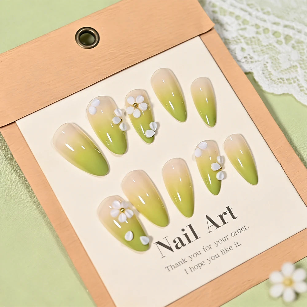 24pcs Gradient Green French Wearable Press on Nails Medium Almond Spring Petal Full Cover Fake Nail Tips Floral False Nails