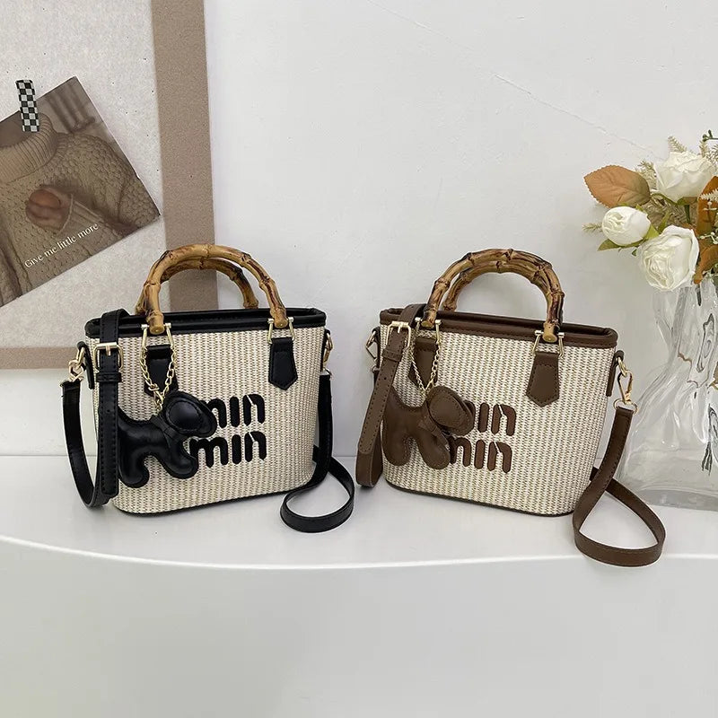 2025 New Spring Fashion Contrasting Straw Bamboo Joints Basket Bag Bucket Bag Hand-held Shoulder Diagonal Bag