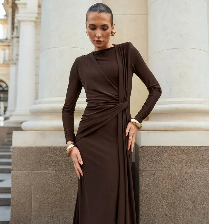 BKLD Fashion Autumn French Long Dresses Women Clothing Elegant High Waist Ruched Slimming Evening Dress Long Sleeve Solid Color