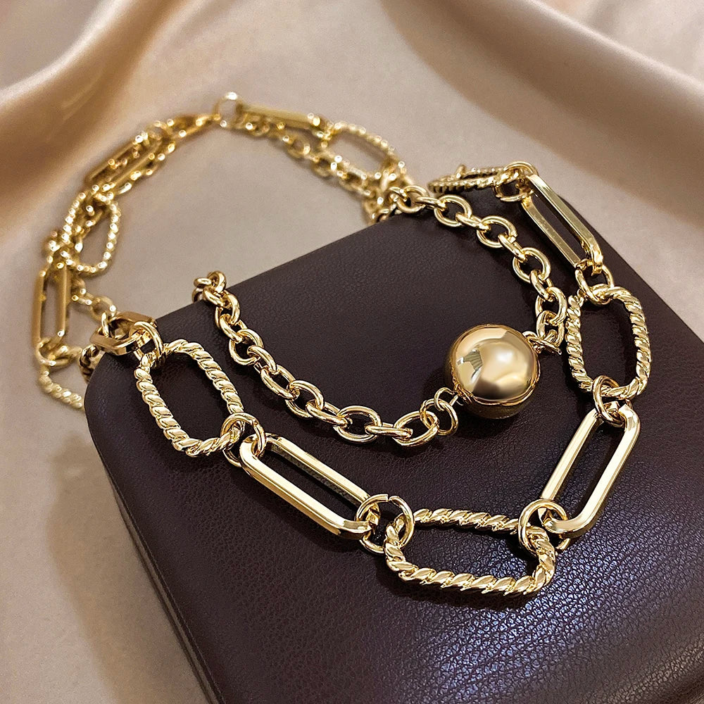 Flashbuy Chunky Multilayer Alloy Gold Color Chain Ball Pendant Necklaces for Women Statement Daily Fashion Jewelry