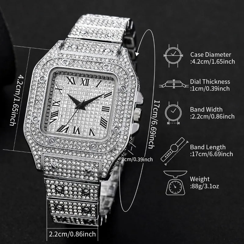 4PCS Fashion Iced Out Square Men Watch Cuban Chain Bracelet Necklaces Set Luxury Diamond Quartz Wristwatch Jewelry（Without Box）