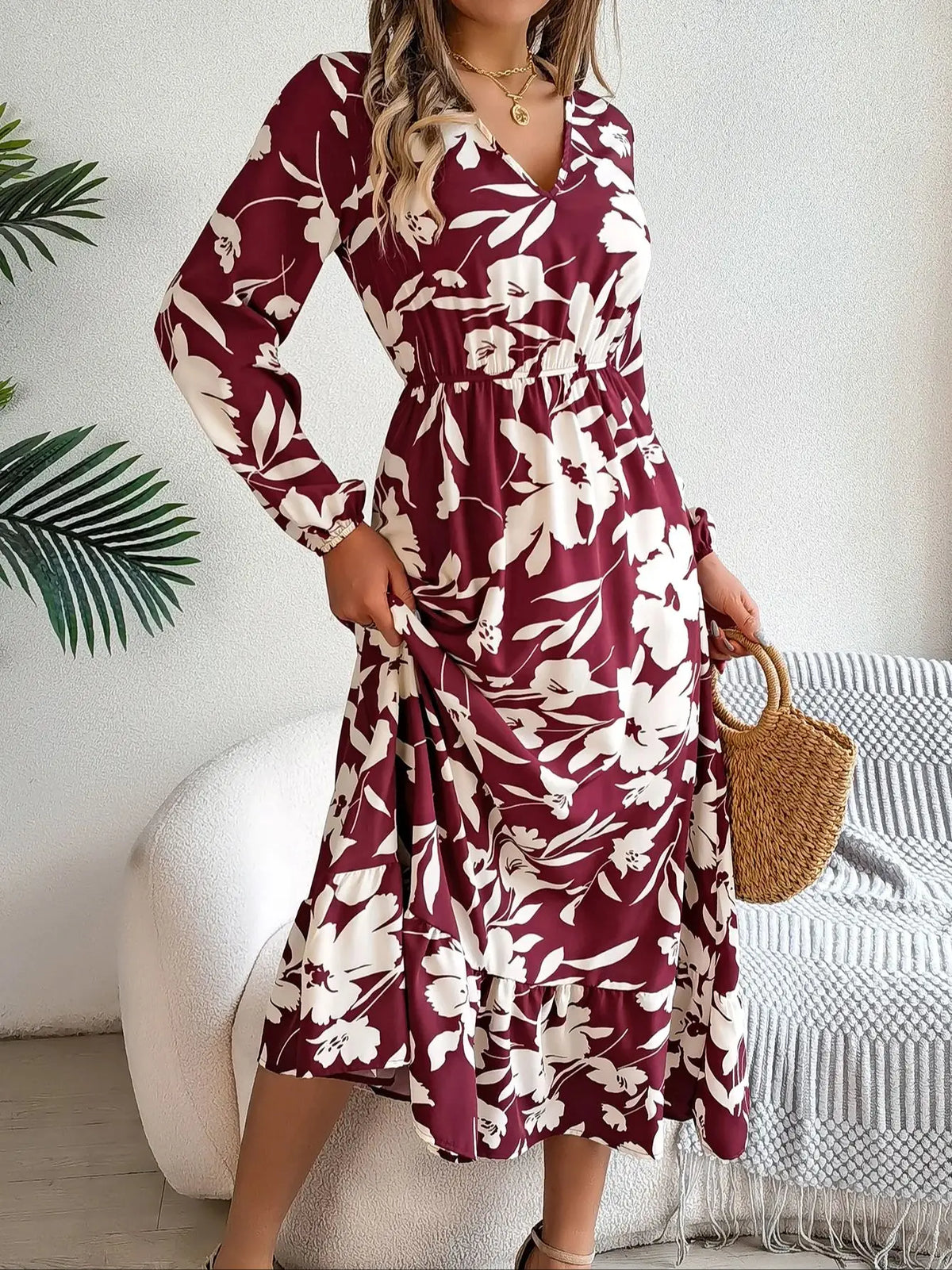 Spring Autumn Elegant V Neck Floral Print Dress 2026 Fashion Lantern Long Sleeve Ruffled Edge Maxi Dresses for Women Streetwear