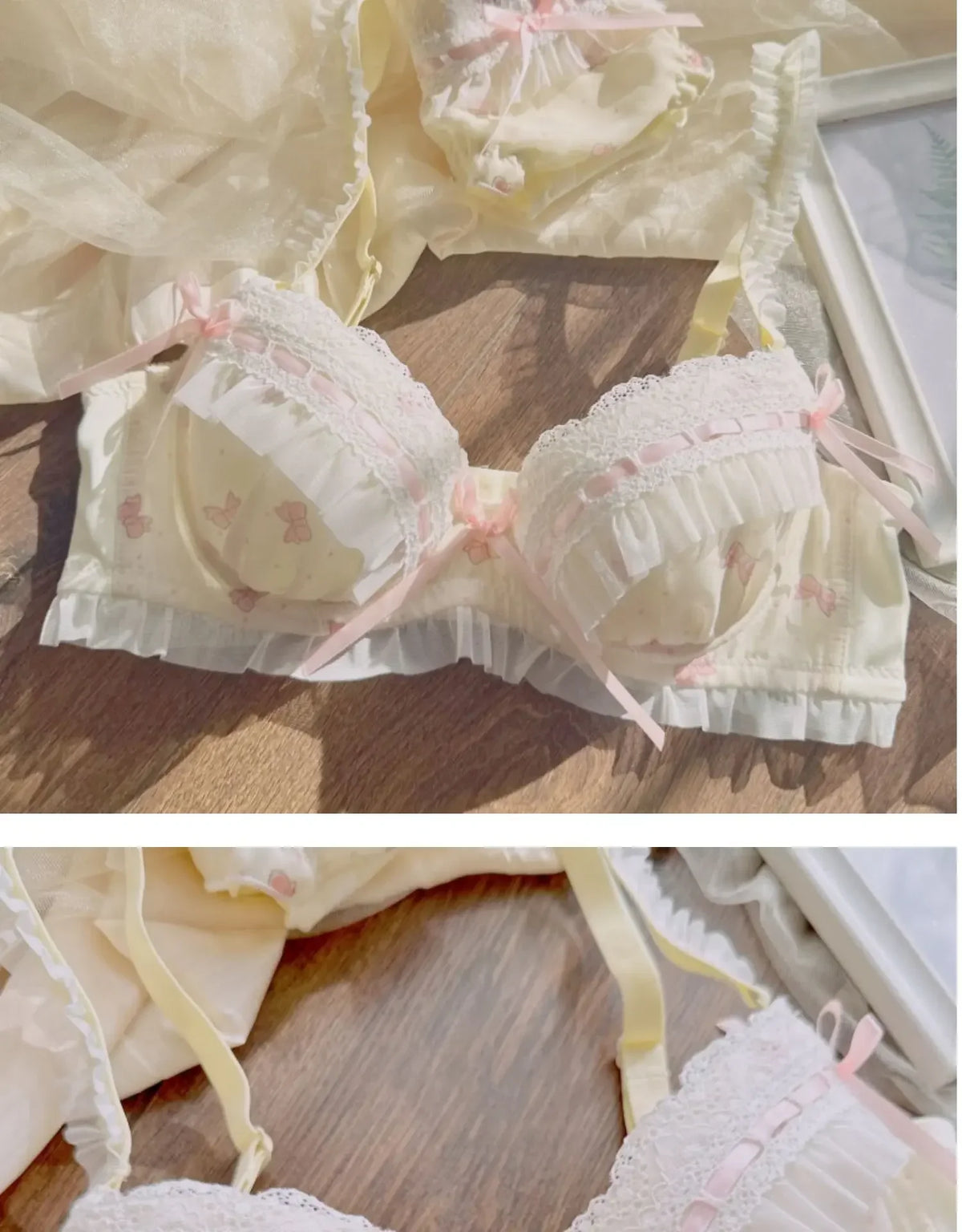 MOYISU Lolita Pure Desire Cute Princess Style Thin Cup Bra Set Printed Cute Bow Bra Comfortable Lace Underwear Goth Underwear