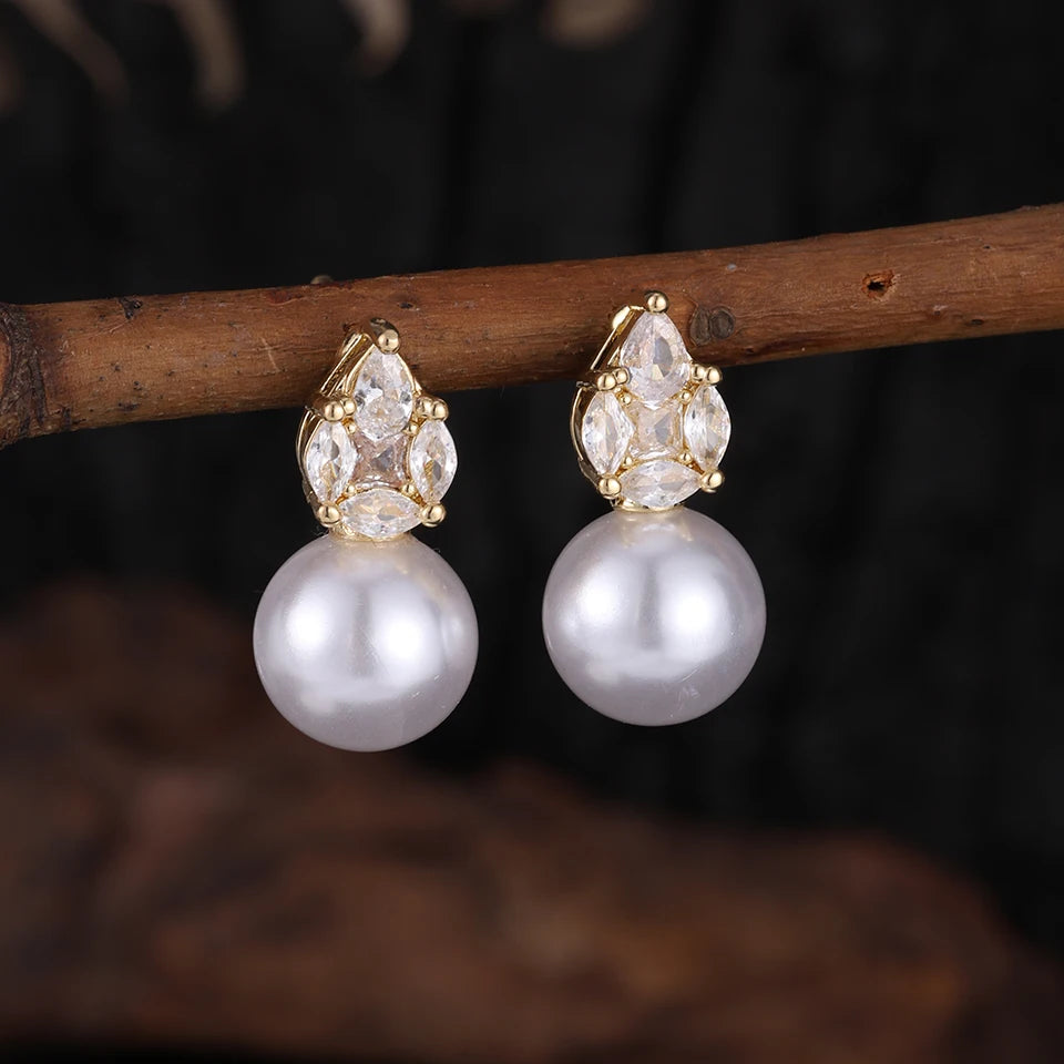 ZAKOL New Simple Water Drop Zircon Imitation Pearl Stud Earring for Women Exquisite Bride and Bridesmaid Wedding Jewelry