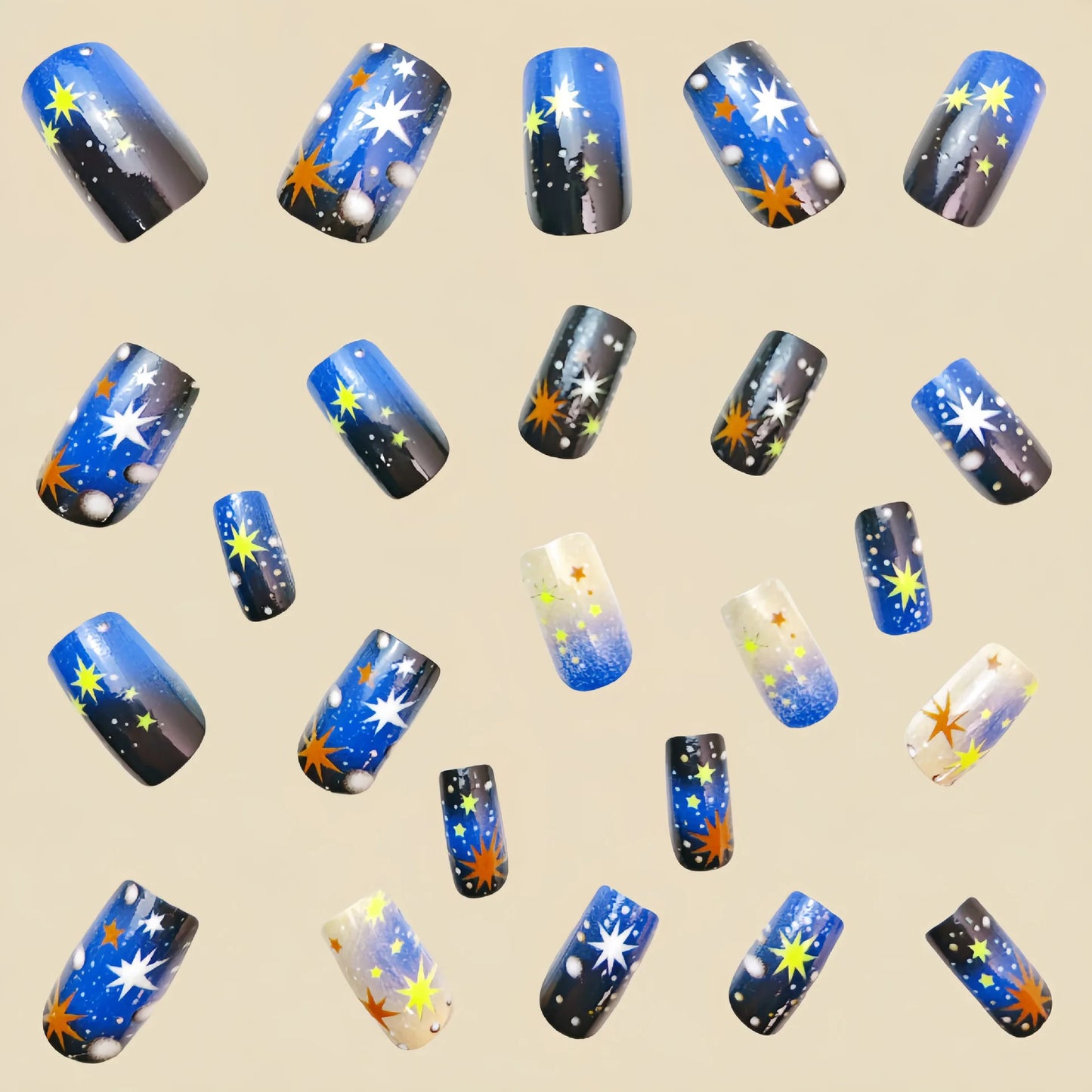 24pcs/set medium long fake nails square ballet nail tips glitters starry sky moon star feather design press on false nail art