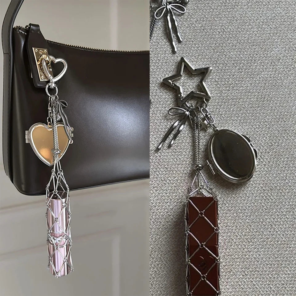 ZAKOL Sliver Color Lipstick Holder Keychain Star Mirror Compact Case with Lipstick Slot For Travel-Friendly Makeup Organizer