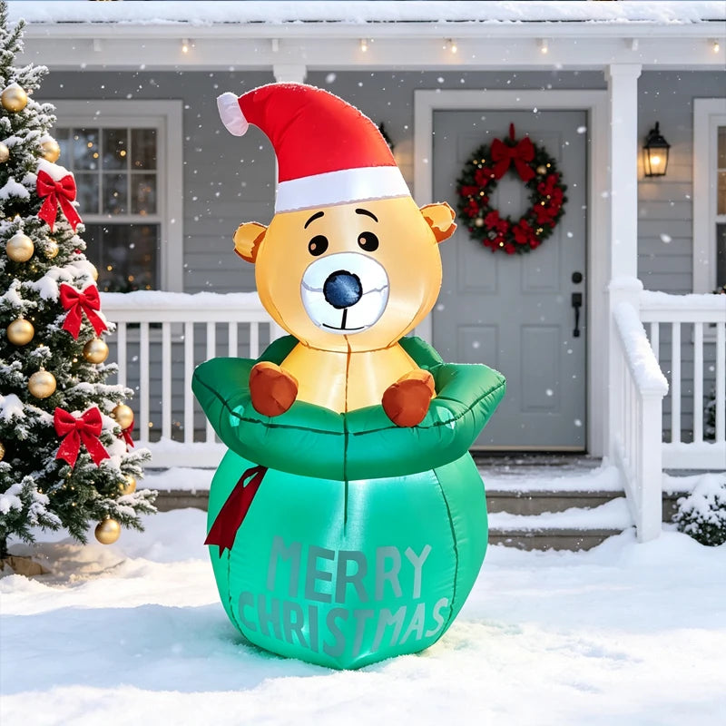 Cute Christmas Airblown Bear Statue, Inflatable Bear Gift Sack Ornament for Living Room, Xmas Party Indoor Display
