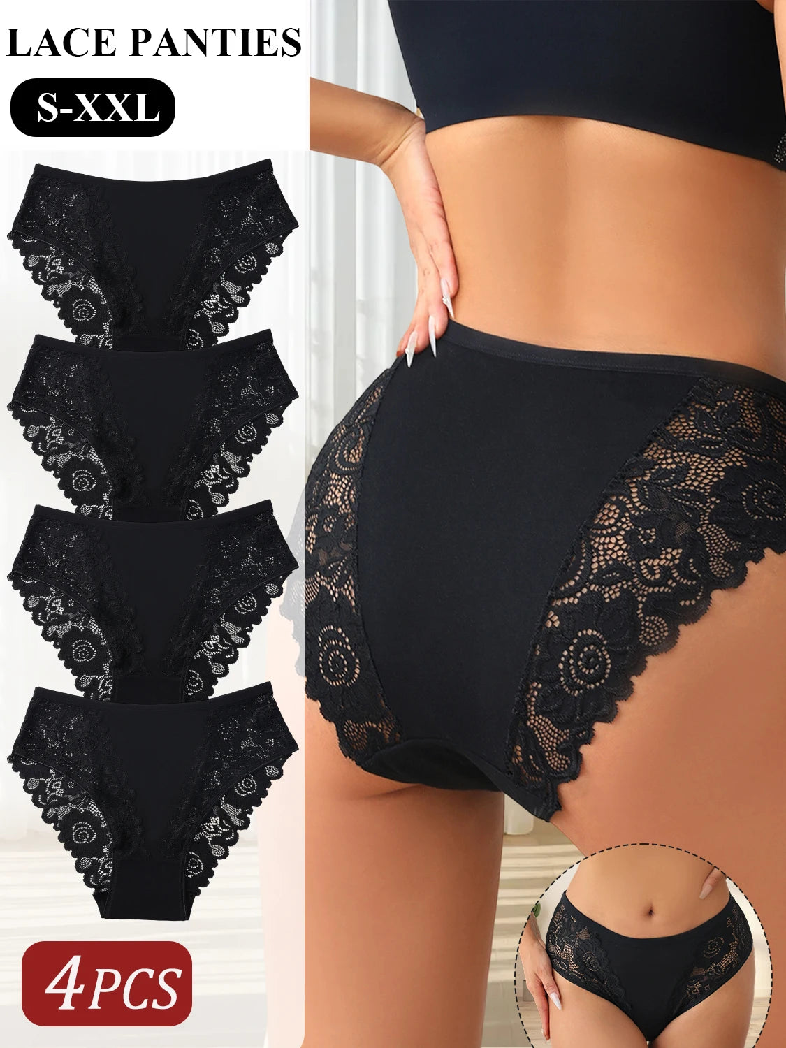 4PCS Black Lace Sexy Women's Underwear Elegant Lace Floral Cotton Splicing Panties Comfort Breathable Briefs Lingerie Everyday