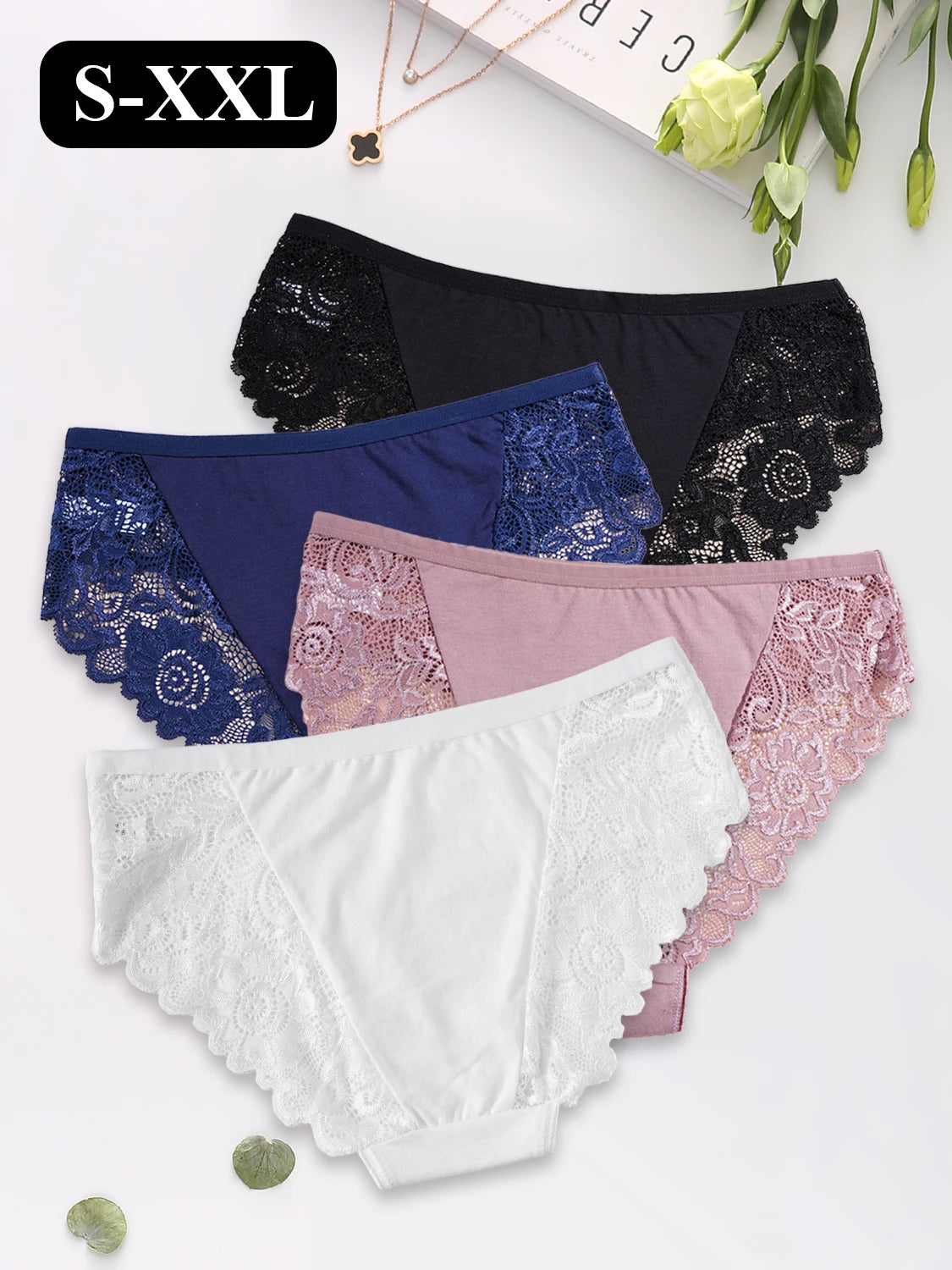 5PCS Women's Underwear Elegant Lace Floral Embroidery Sexy Panties Solid Color Mid Waist Briefs Breathable Female Lingerie