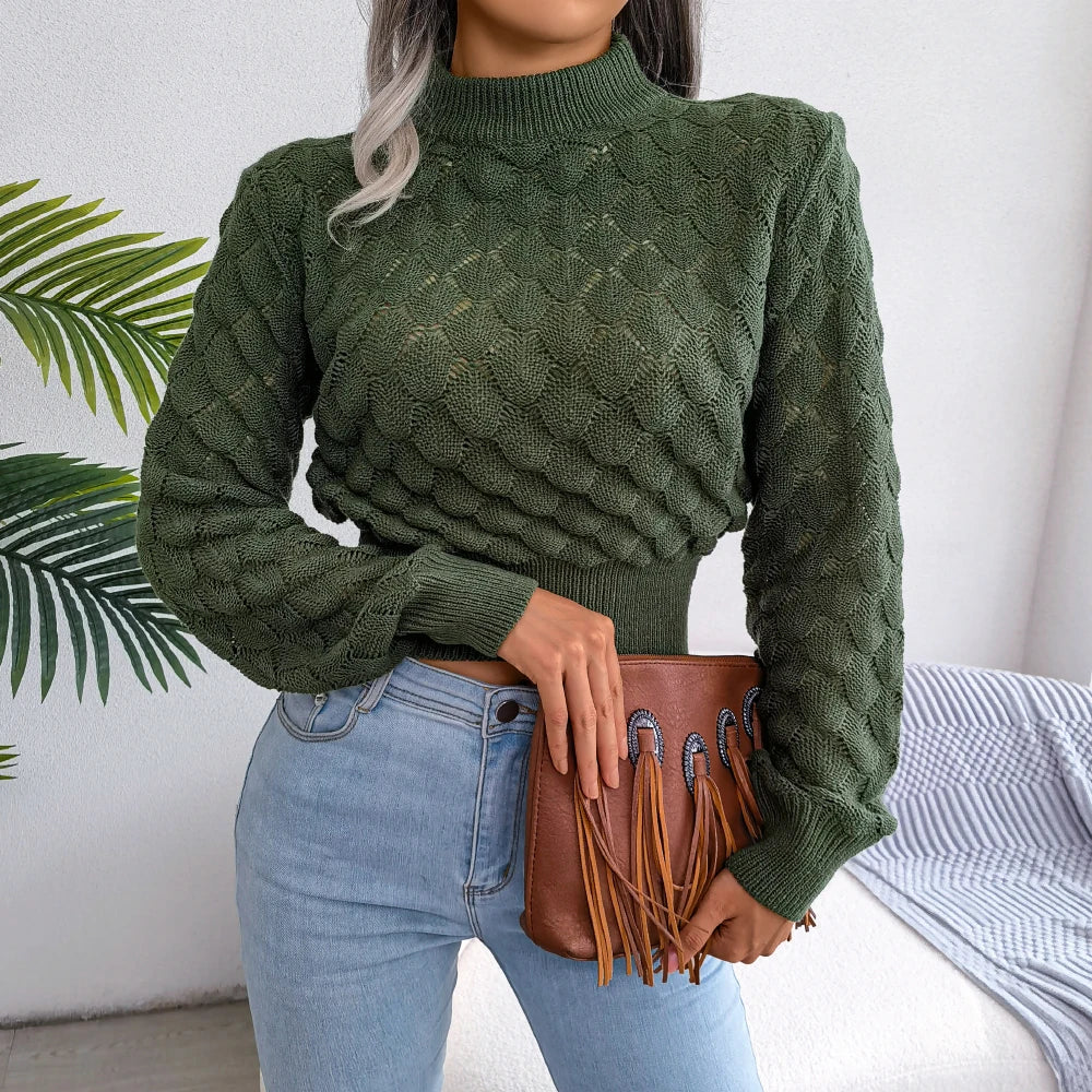 2026 Autumn Winter Women Casual Hollow Out Long Sleeve Knitted Pullovers and Sweaters Solid Color Crop Tops Grey Khaki Green