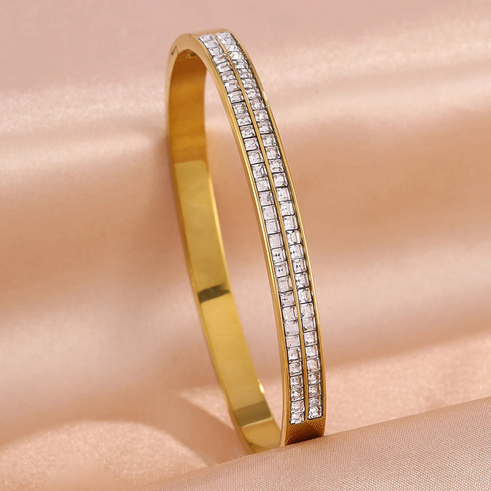 ZAKOL 4pcs Golden Bracelets Set Geometric Square Crystal Zirconia Inlaid Copper Stainless Steel Stackable Bangles Luxury Jewelry