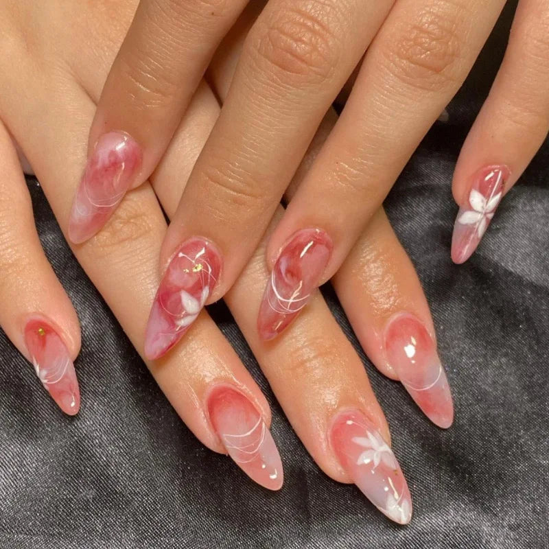 24Pcs Purple Flower Stiletto Round Head Press on Nails False Nails Almond Fake Nails French Wearable Full Cover Nail Tips