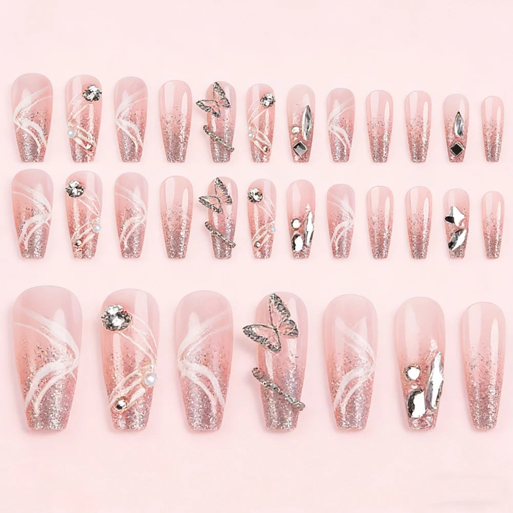 24Pcs Long Coffin Glitter False Nails Silver Butterfly Rhinestones Charm Design Wearable Press on Nails Full Cover Fake Nails