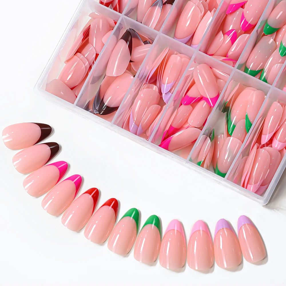 288Pcs Colorful Medium Almond French False Nails Red/Green/Pink/Purple Full Cover Fake Nails Tips Extension Women Press on Nails