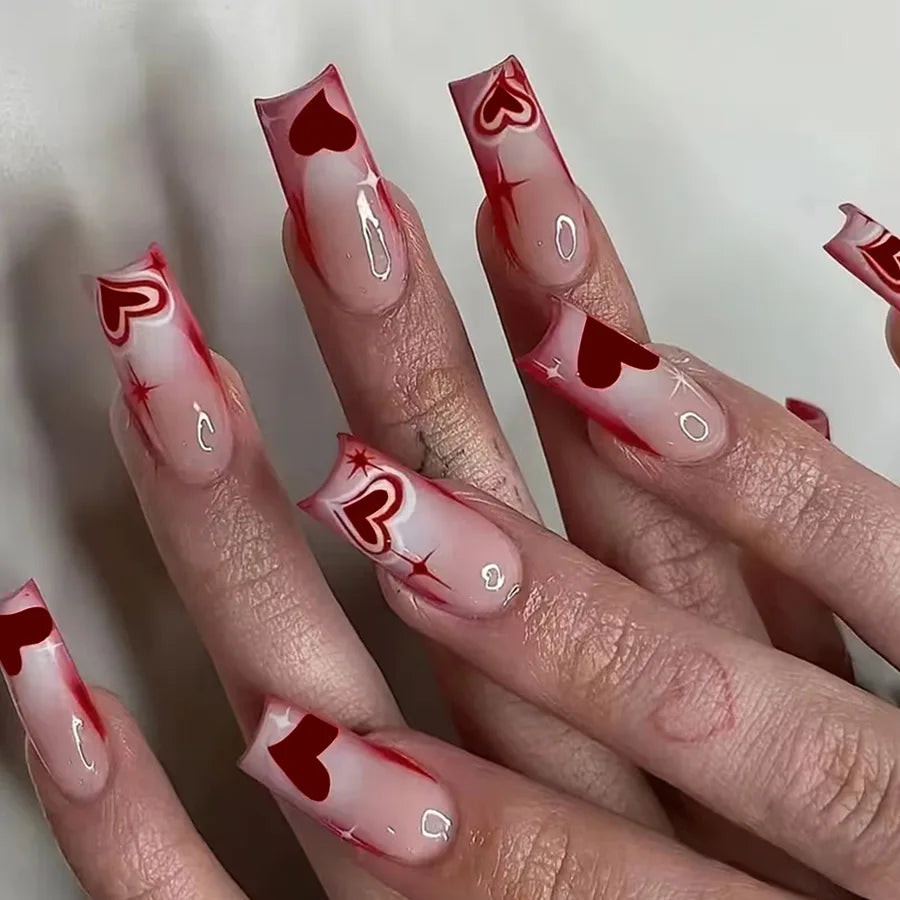 24Pcs Mid-length Ballet False Nails Red Love Pattern Design Press on Nails Simple Wearable Finished Coffin Fake Nail Tips