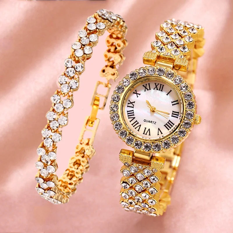 2PCS/Set Women's Watch Fashion Rhinestone Roma Dial Quartz Watches Stainless Steel Band Wrist Watch Bracelet Set