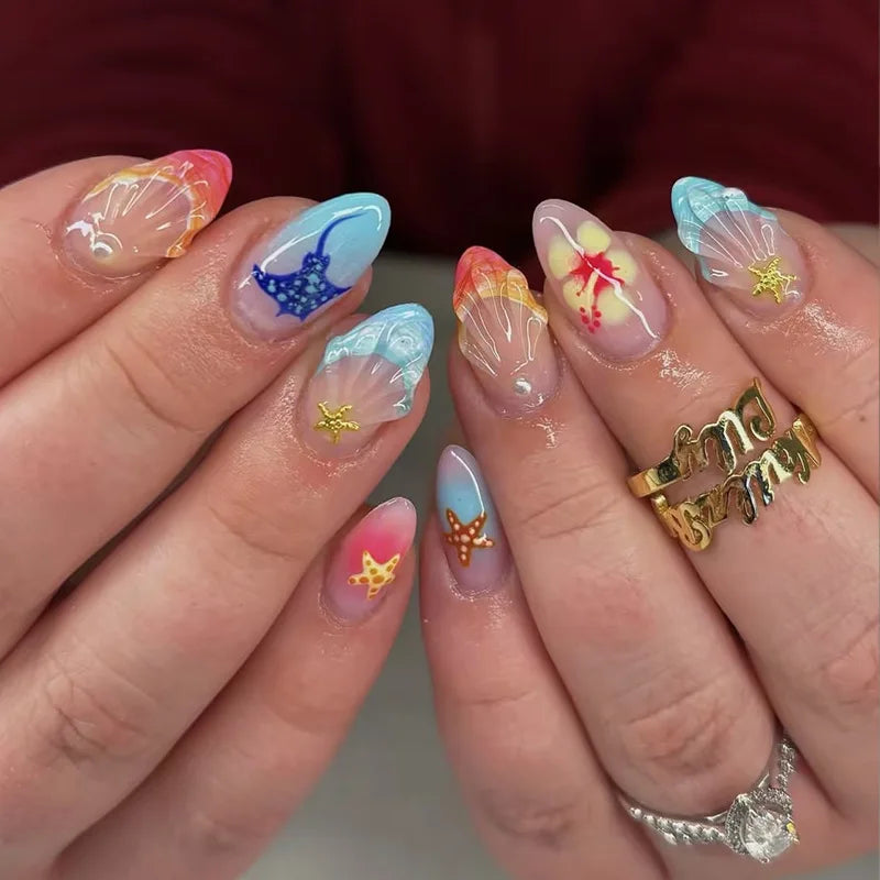 24Pcs Autumn Winter Matte Almond False Nails with Glue Rose Leaf Printing Nail Art Simple Full Cover Press on Acrylic Nails Tips