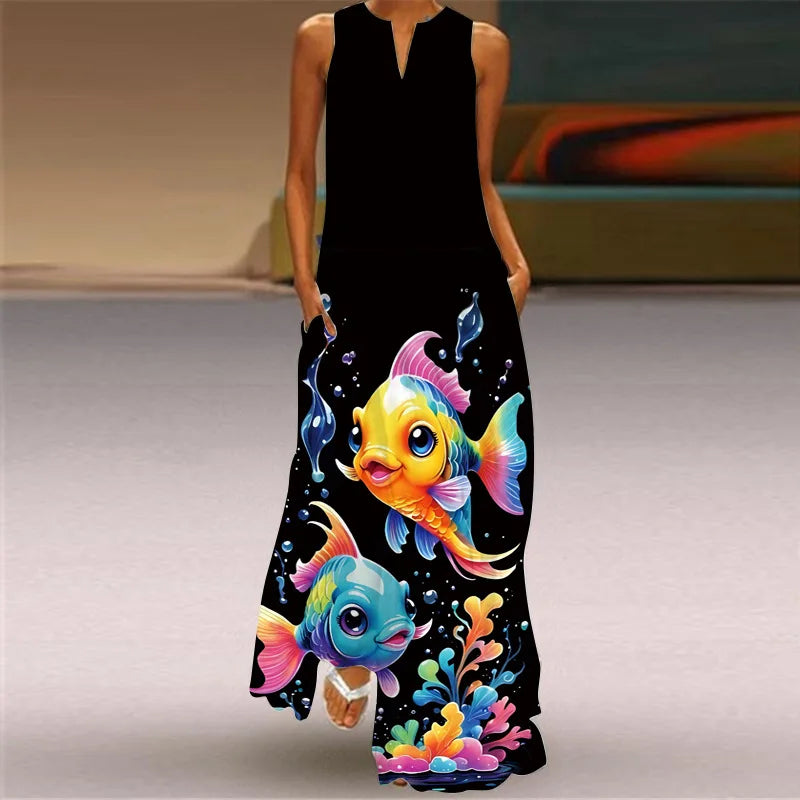 Summer Retro V-Neck Sleeveless Maxi Dress – Loose Artistic Print