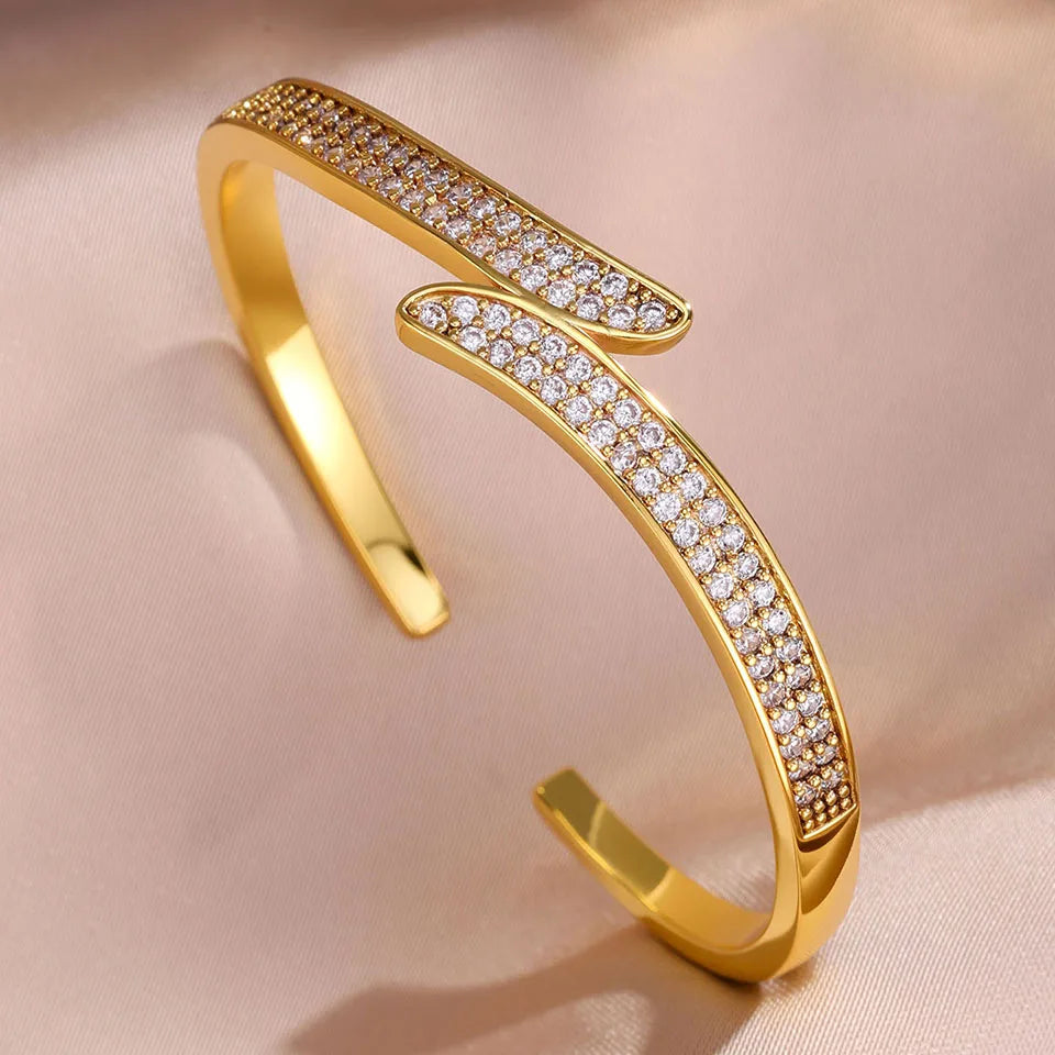 ZAKOL 1pc Elegant Gorgeous Full CZ Inlaid Cuff Bracelet Bangle for Women Shiny Cubic Zirconia Wedding Party Jewelry