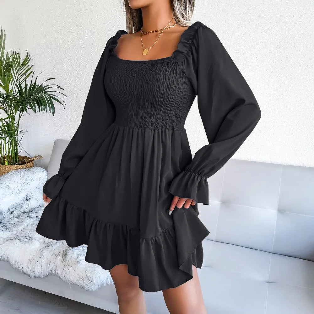 Spring Summer Casual Solid Color Square Neck Flared Long Sleeve Ruffled Dress Red Orange Green Black 2026 Fashion Woman Clothing