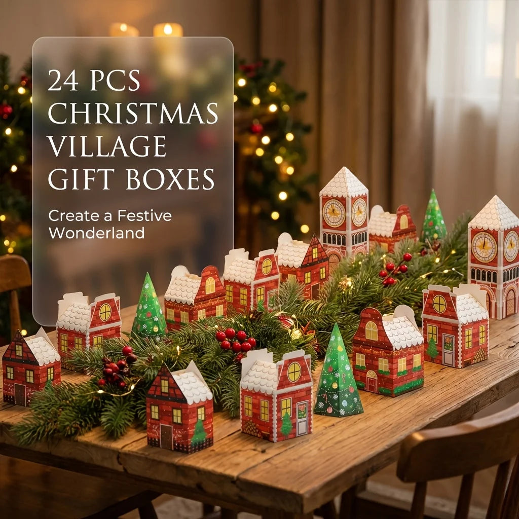 24pcs Christmas Village Paper Gift Boxes, House And Clock Tower Shaped Xmas Decorative Gift Containers,for Christmas Party Decor