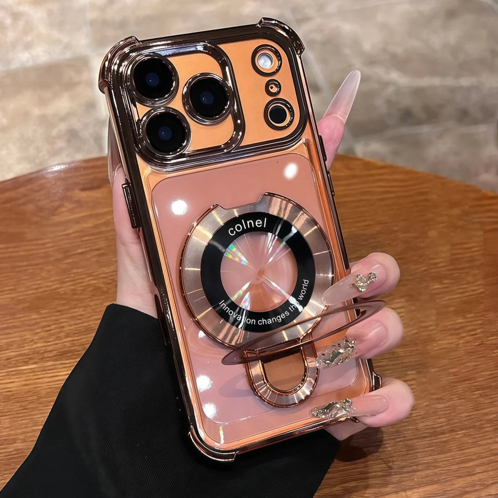 Luxury Plating Magnetic Bracket for Magsafe Clear Case for iPhone 17 16 15 Pro Max 11 12 13 14 Holder Stand Shockproof Cover