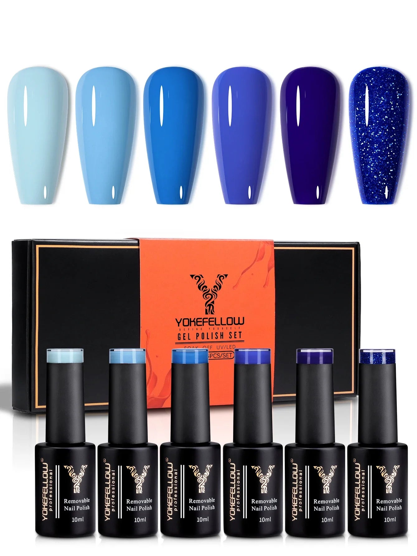 YOKEFELLOW 6Set Blue Gel Nail Polish Sky Blue Glitter Gel Nail Vernis Semi Permanent Soak Off UV Manicure Gift for Girls Women
