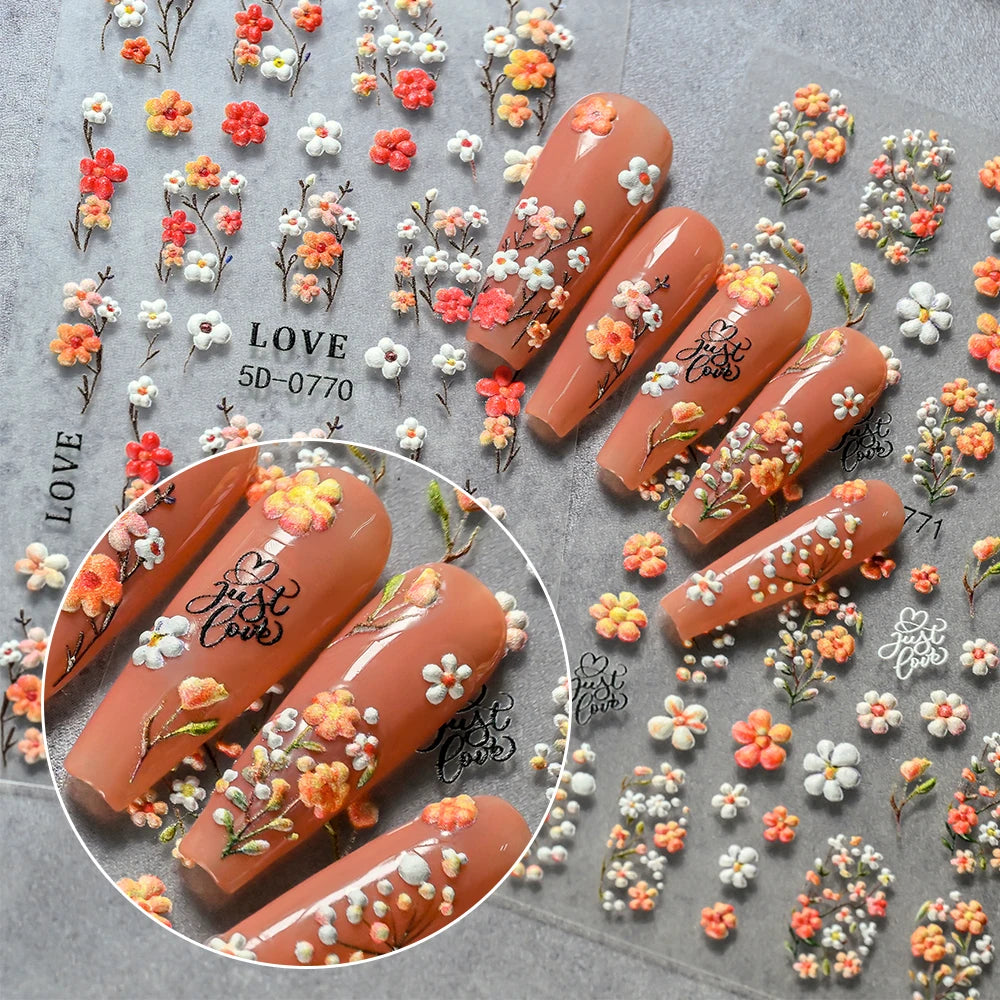 1Pc 5D Embossed Lavender Flower Nail Sticker Spring Floral Leaves Self-Adhesive Sliders Rose Heart Decals Manicure Decoration