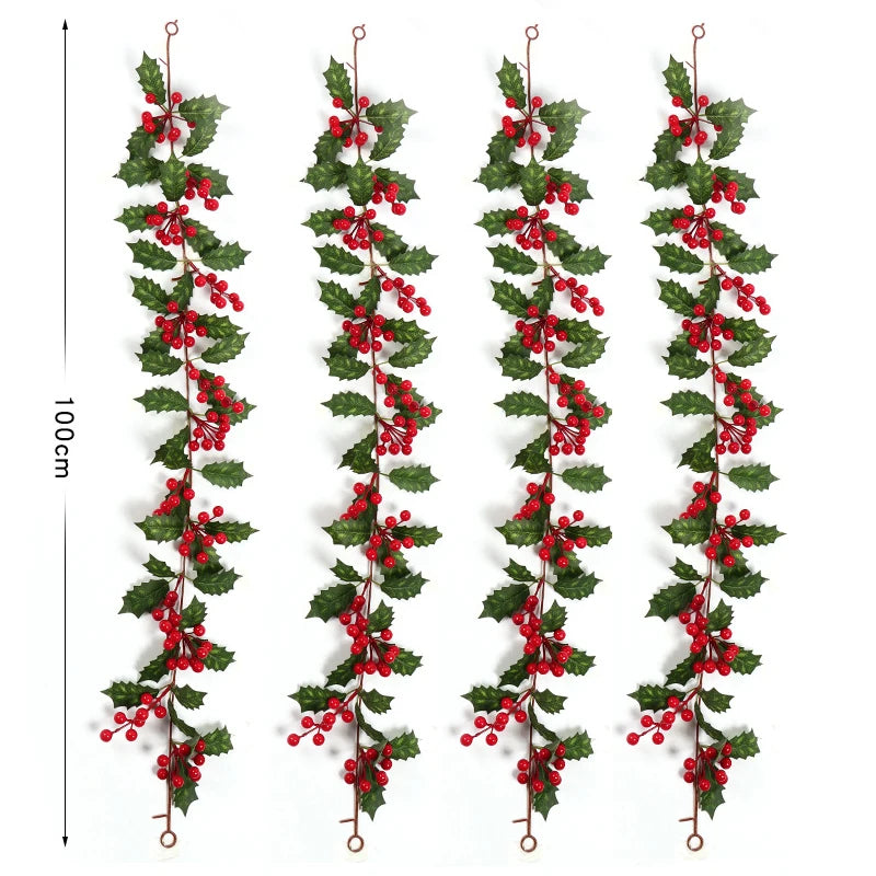 4Pcs 100cm Artificial Holly Berry Garland, Bendable Green Holly Leaf Red Berry Vine, Christmas Mantel Arch Stair Hanging Rattan