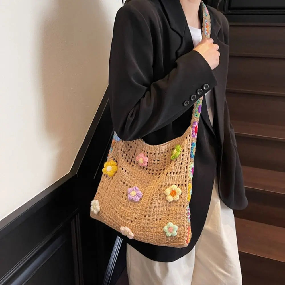 Boho Knitting Shoulder Bag Floral Large Capacity Bohemian Crochet Crossbody Bag Ethnic Style Lazy Style Casual Woven Handbag