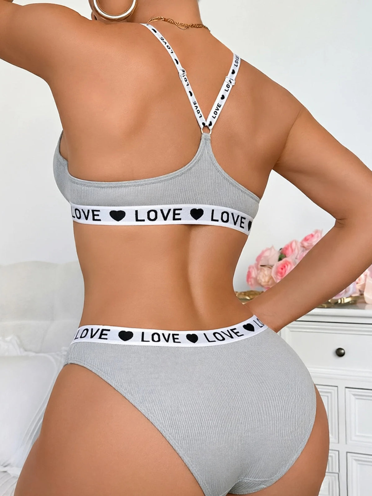 Letter Strap Women's Underwear Set with Push Up and Rib Knit Underwire Women Bra Panties Letter Comfort Lingerie Set