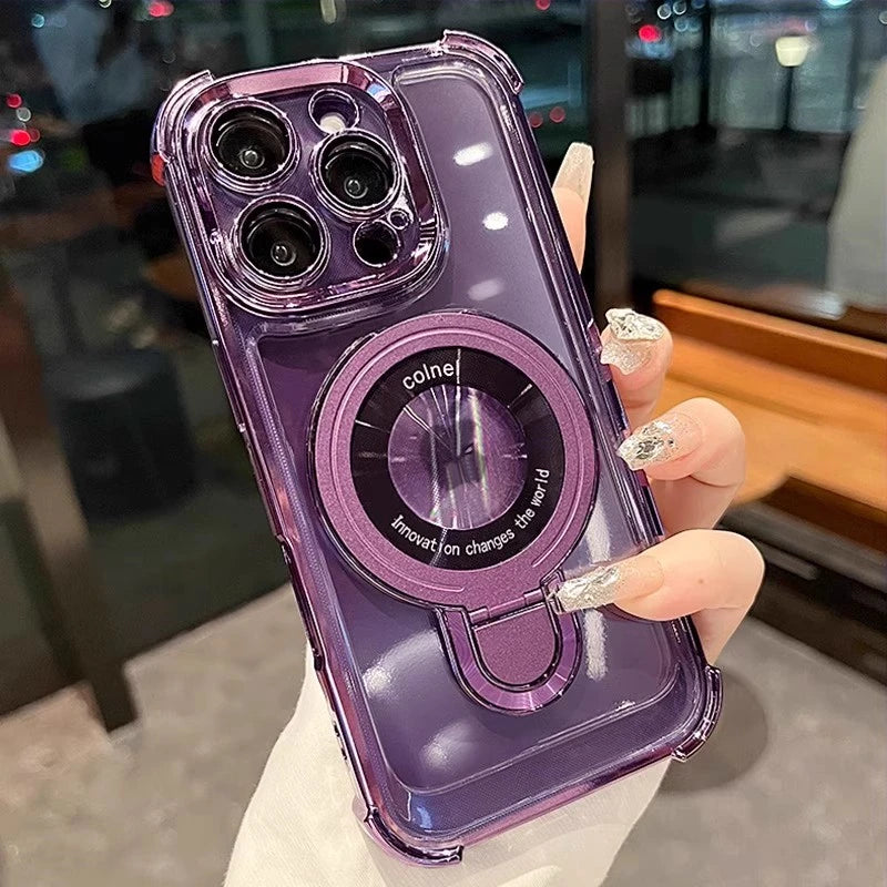 Luxury Plating Magnetic Bracket for Magsafe Clear Case for iPhone 17 16 15 Pro Max 11 12 13 14 Holder Stand Shockproof Cover