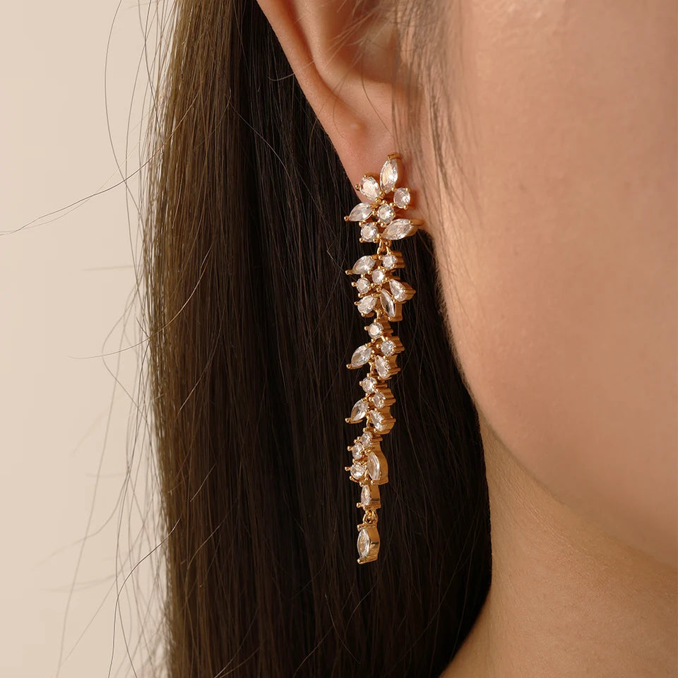 ZAKOL Fashion Cubic Zirconia Leaf Long Dangle Earrings for Elegant Women White Leaves Drop Earring Bridal Wedding Jewelry