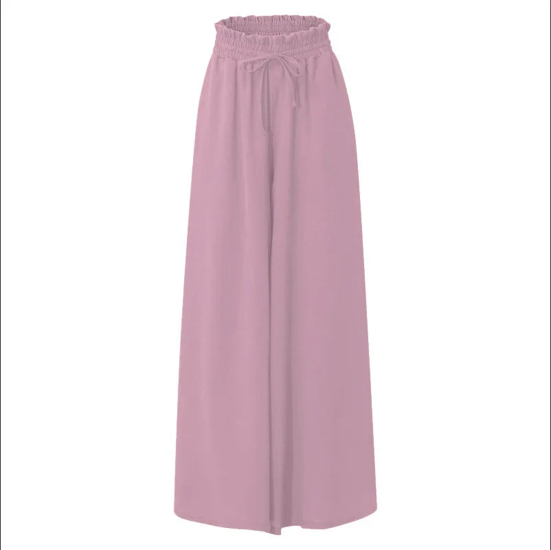 Women Casual Elastic Waist Wide Leg Pants Summer Elegant Drawstring Loose Straight Trouser Elegant Solid Pants Vacation Beach