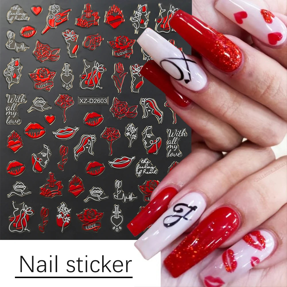 1Pc 3D Red Love Heart Nail Art Stickers Rose Flower Lip Self Adhesive Decals Valentine' Day Nail Sliders For Manicure Decoration