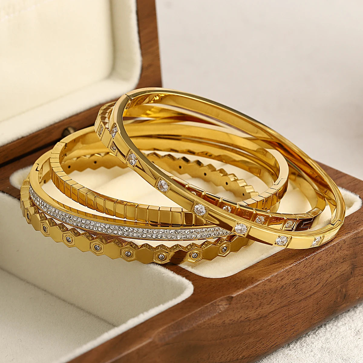 FLASHBUY Trendy Chic Gold Color Simple 316L Stainless Steel Bangles Bracelets for Women Charm Zircon Waterproof Jewelry Gift
