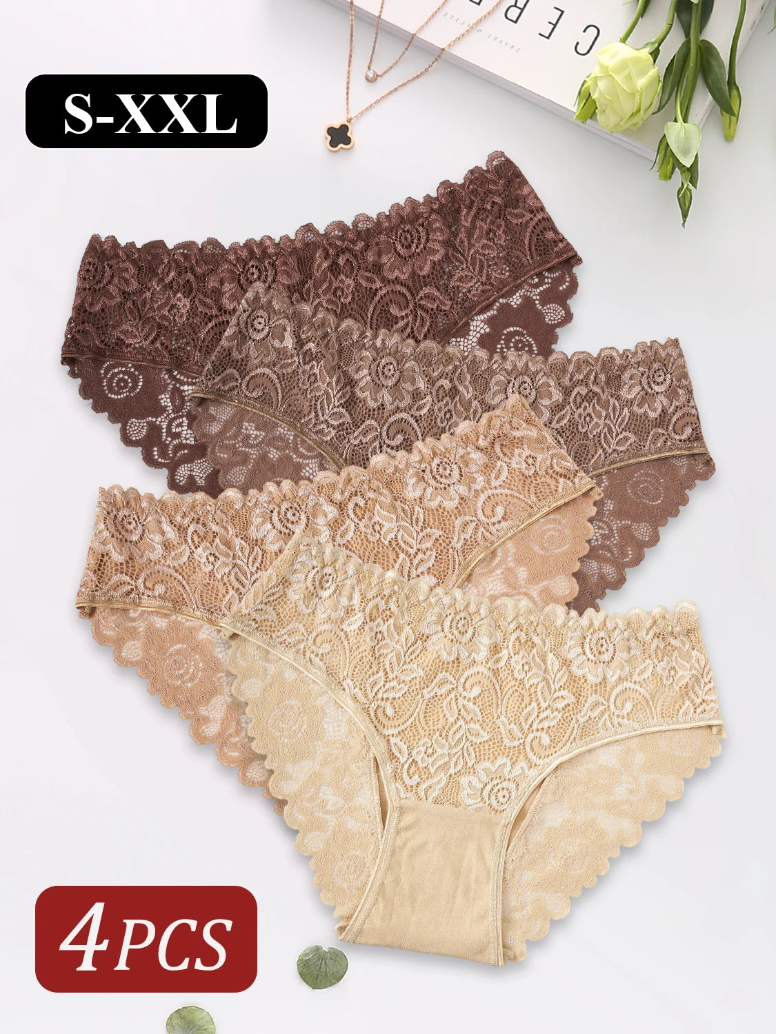4PCS Women's Panties Sexy Elegant Floral Lace Underwear Comfortable Breathable Cotton Briefs Lingerie Perfect for Daily Wear