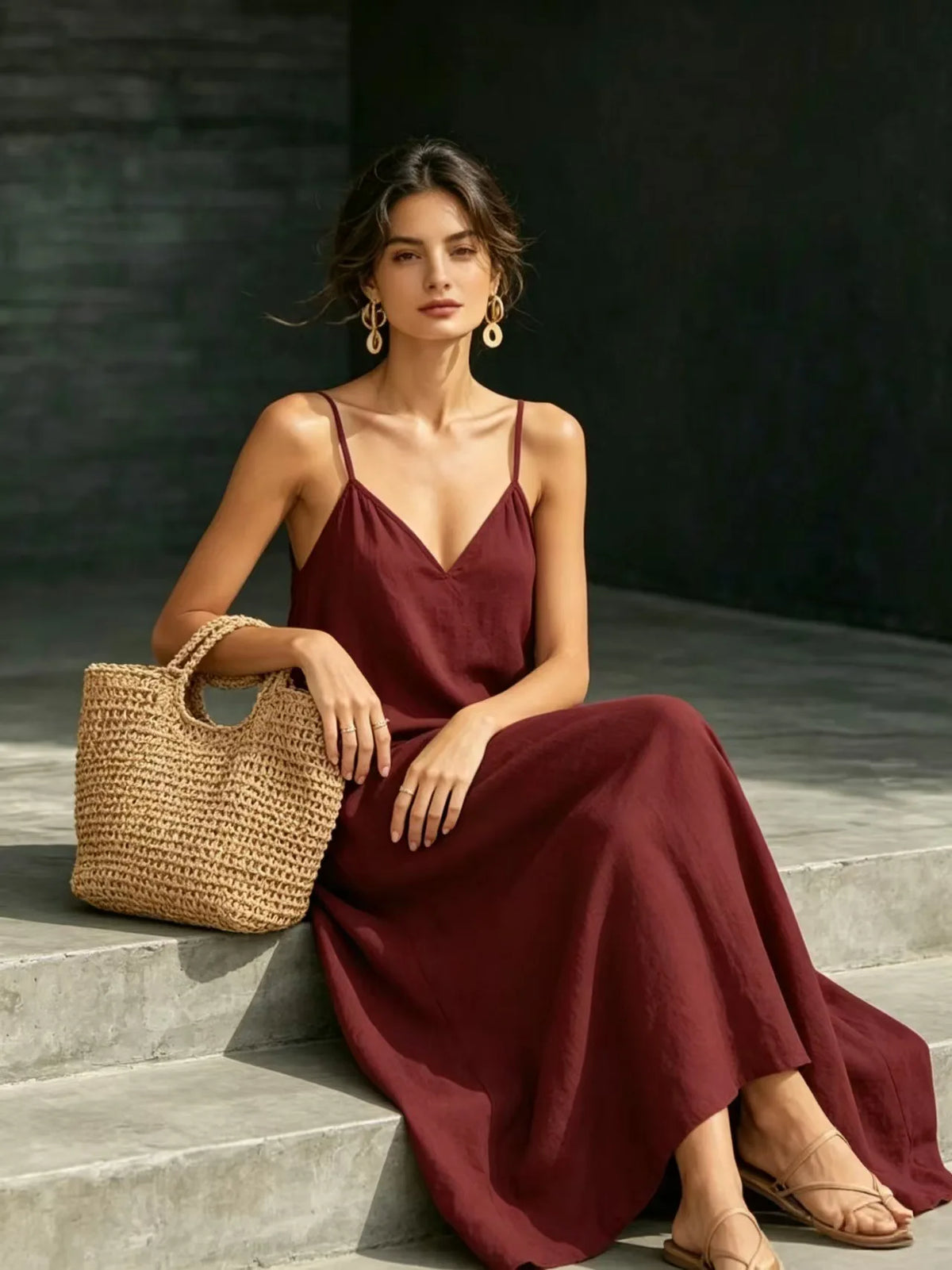 Women Linen Spaghetti Strap Maxi Dress V Neck Loose Swing Long Dress With Pockets Casual Summer Beach Vacation Sundress Ladies