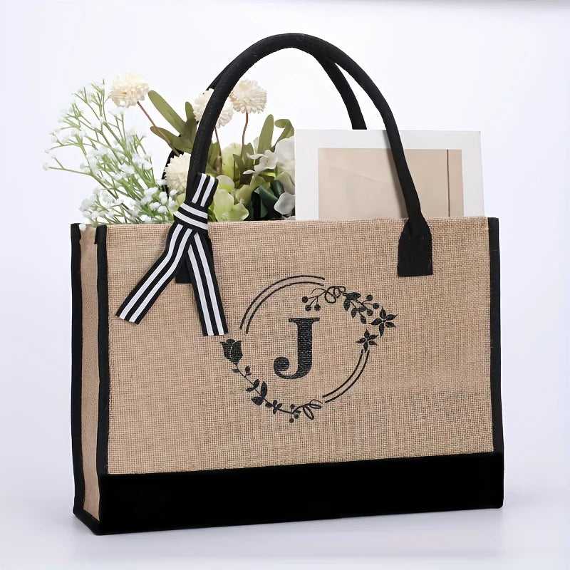 Personalized alphabet printed single shoulder linen men's bag large capacity handbag open handle handbag handbag