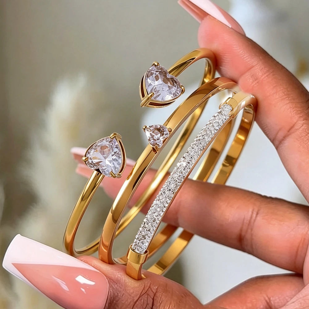 ZAKOL 3pcs/set 316 Stainless Steel Bracelets Shiny Heart Zircon Open Bangle Valentine's Day Stacked Wrist Jewelry Gifts