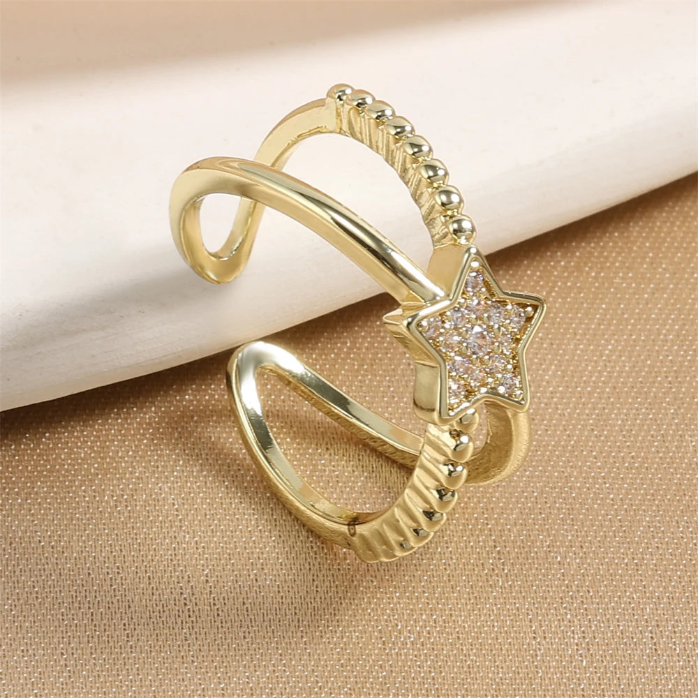 ZAKOL Fashion Double Layers Zircon Rings for Women Gold Color Plated Open Stainless Steel Ring Aesthetic Party Wedding Jewelry