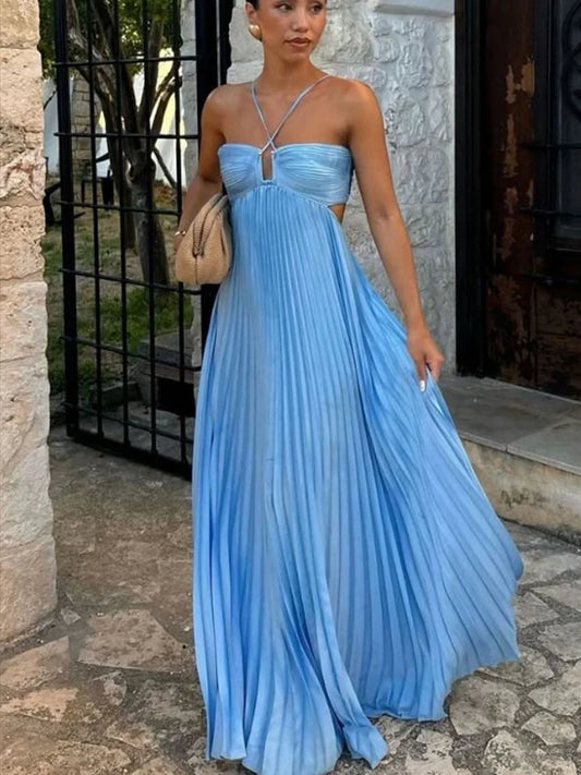 Women's Elegant Pleated Lace Up Strapless Long Dresses Sexy Loose Backless V-neck Party Dress Female Holiday Beach Evening Robe
