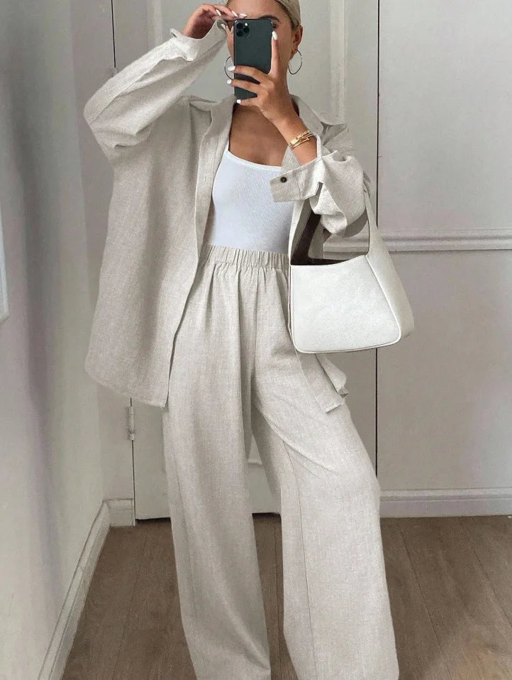 2026 New Women Linen Two Piece Outfit Set Lapel Long Sleeve Button Shirts Elastic Waist Wide Leg Pants Casual Loose Home Suit