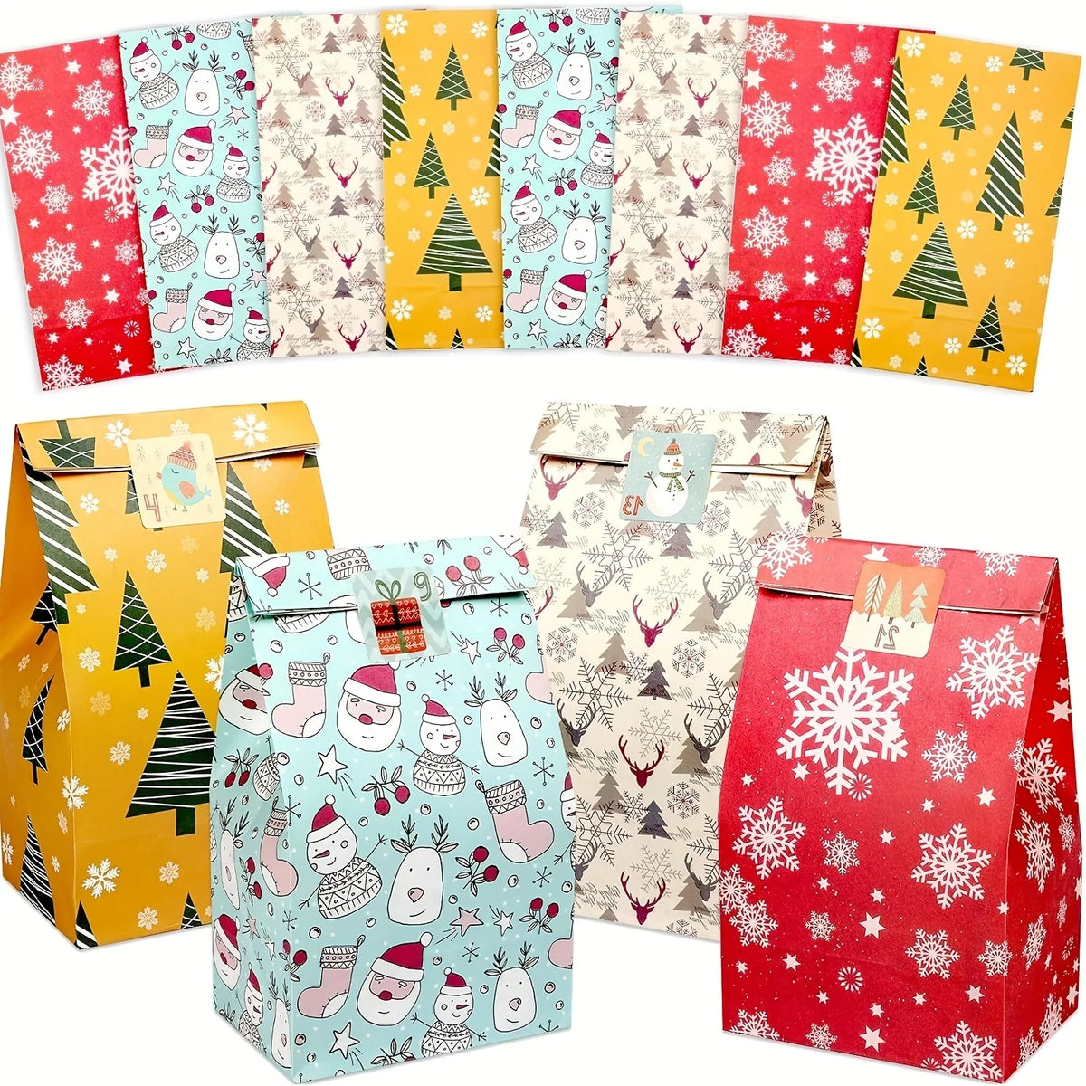 Christmas Gift Bags with Stickers, Xmas Holiday Goodie Treat Bags, Snowflake Reindeer Pattern Paper Gift Pouches for Christmas