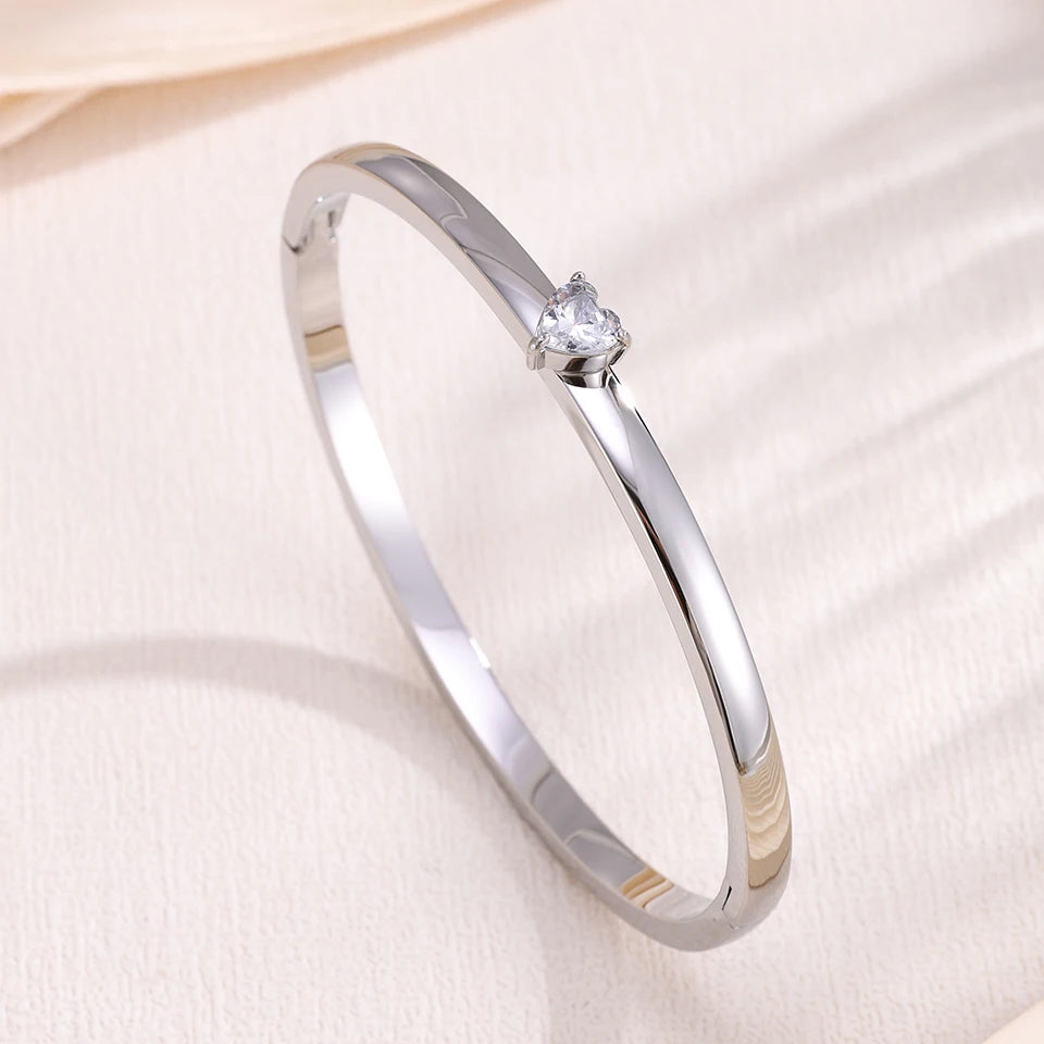 ZAKOL 4/1pcs Fashion Stainless Steel Sackable Bracelets Shiny Heart-shaped Zircon Embellished Bracelet Bangles Charm Jewelry Gif