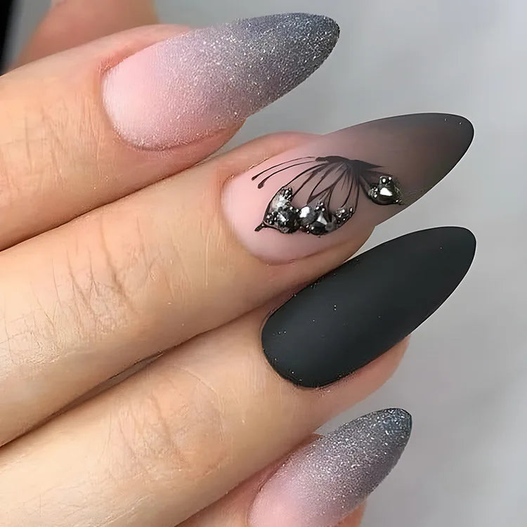 24Pcs Matte Almond Autumn Winter False Nails with Glue Glitter Butterfly Fake Nail Press Ons Black Gradient Artificial Nail Tips