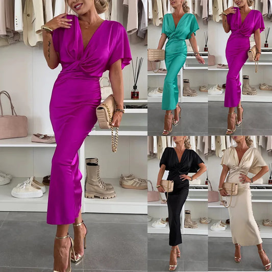 BKLD Solid Color 2026 Spring Summer New Satin Twisted Bat Sleeve Dress Y2k Clothes Women Loose Vacation Outfits Party Dresses